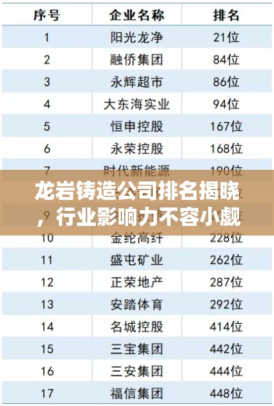 龙岩铸造公司排名揭晓,行业影响力不容小觑